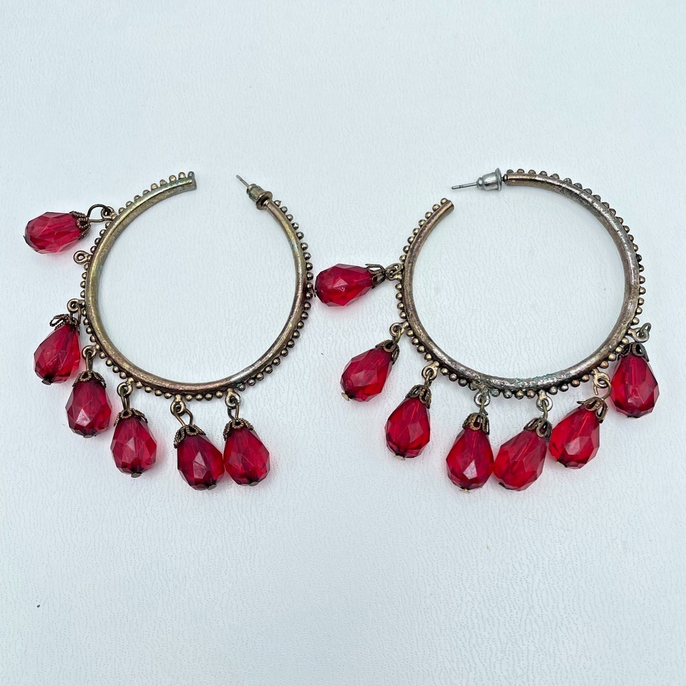 Vintage Y2K Red Faceted Teardrop Beaded Silver Tone Hoop Earrings Jewelry Retro